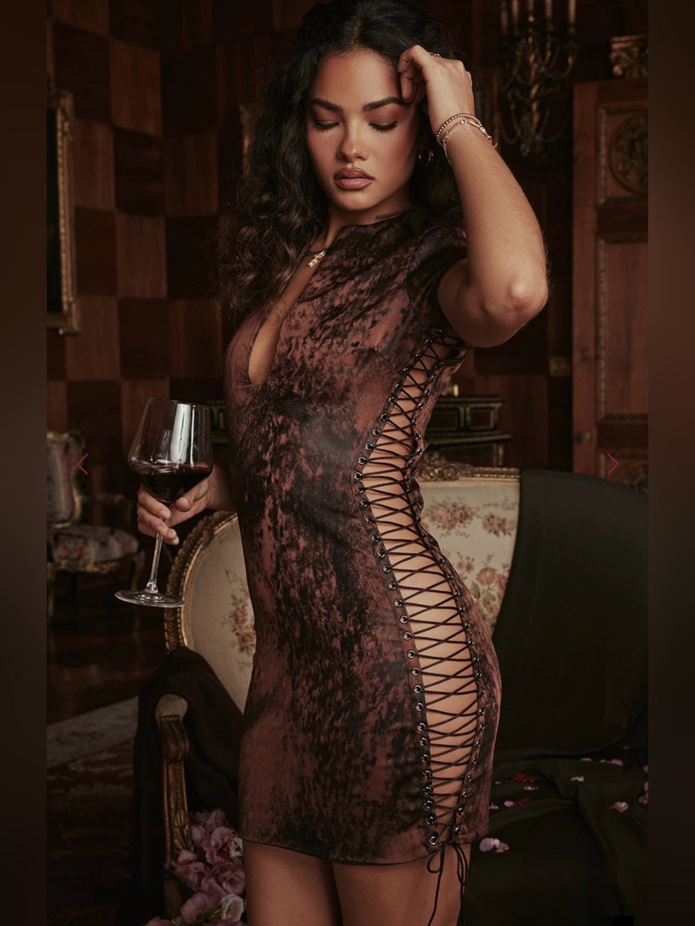 House of CB Daphne Antique copper lace up mini dress
